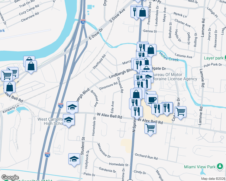 map of restaurants, bars, coffee shops, grocery stores, and more near 5239 Eda Avenue in Dayton