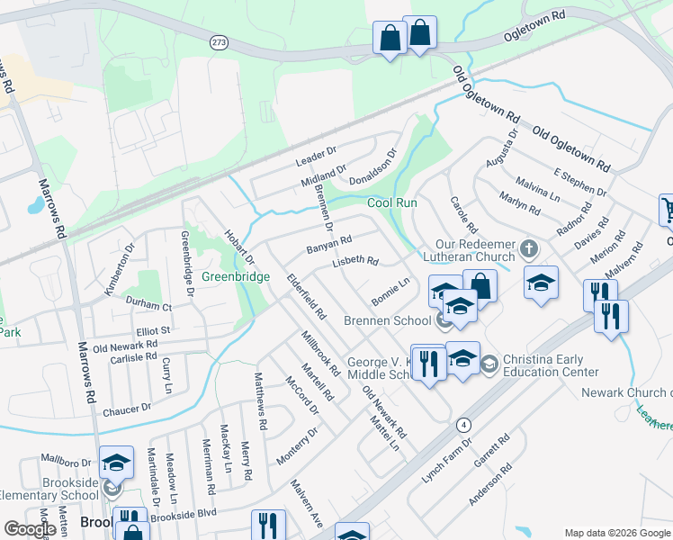 map of restaurants, bars, coffee shops, grocery stores, and more near 602 Lisbeth Road in Newark