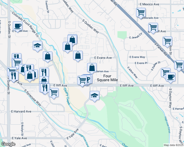 map of restaurants, bars, coffee shops, grocery stores, and more near 2206 South Wabash Street in Denver