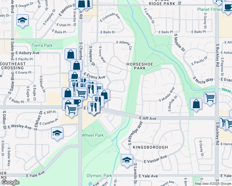 map of restaurants, bars, coffee shops, grocery stores, and more near 2176 S Joplin Way in Aurora