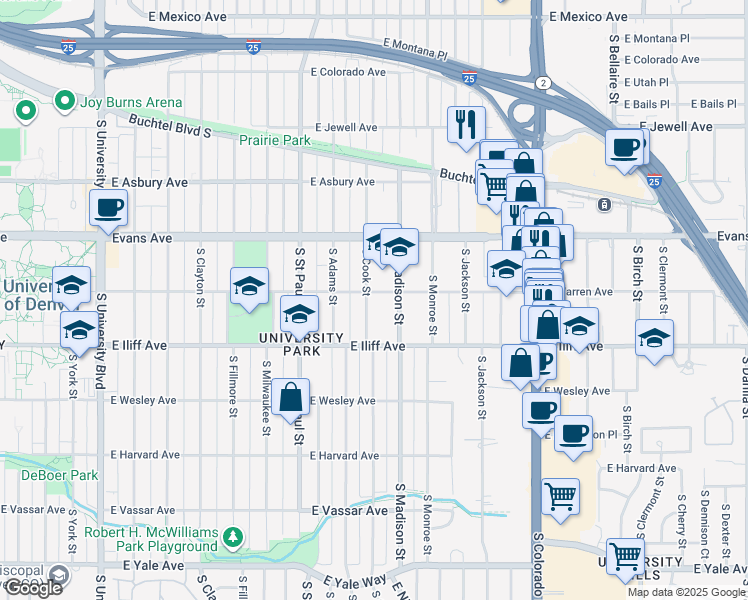 map of restaurants, bars, coffee shops, grocery stores, and more near 2200 South Cook Street in Denver