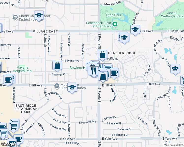 map of restaurants, bars, coffee shops, grocery stores, and more near 2231 South Peoria Street in Aurora
