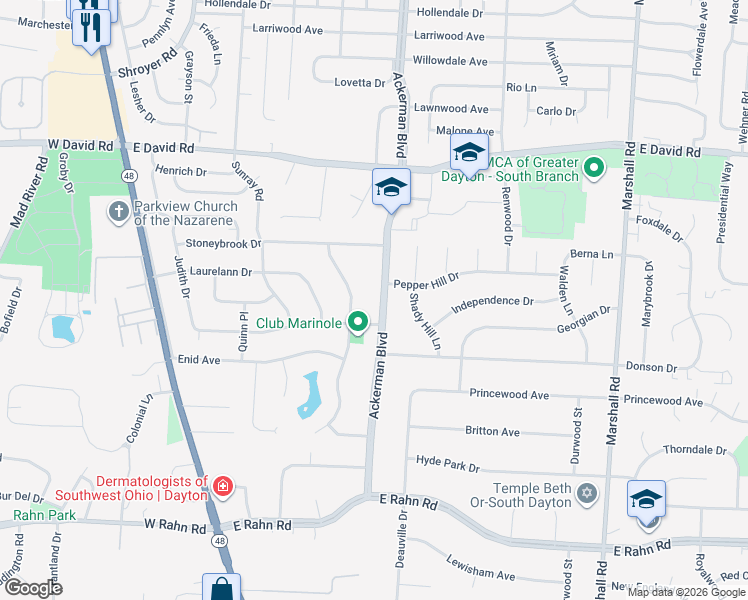 map of restaurants, bars, coffee shops, grocery stores, and more near 4817 Ackerman Boulevard in Dayton