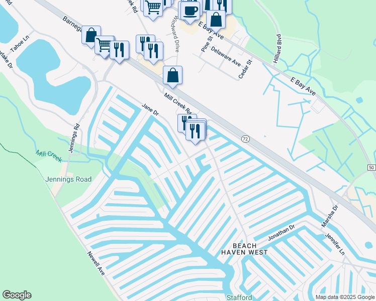 map of restaurants, bars, coffee shops, grocery stores, and more near 890 Jane Drive in Stafford Township