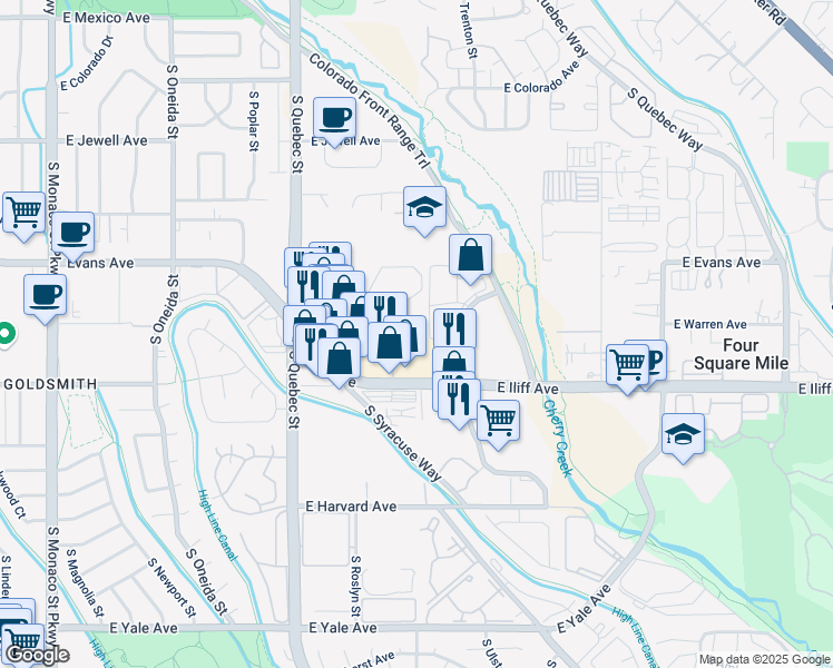 map of restaurants, bars, coffee shops, grocery stores, and more near 7697 East Warren Drive in Denver