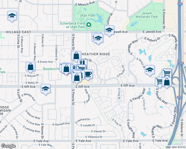 map of restaurants, bars, coffee shops, grocery stores, and more near 2192 South Quentin Way in Aurora