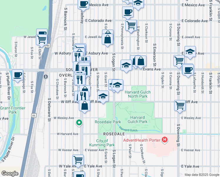map of restaurants, bars, coffee shops, grocery stores, and more near 2210 South Grant Street in Denver