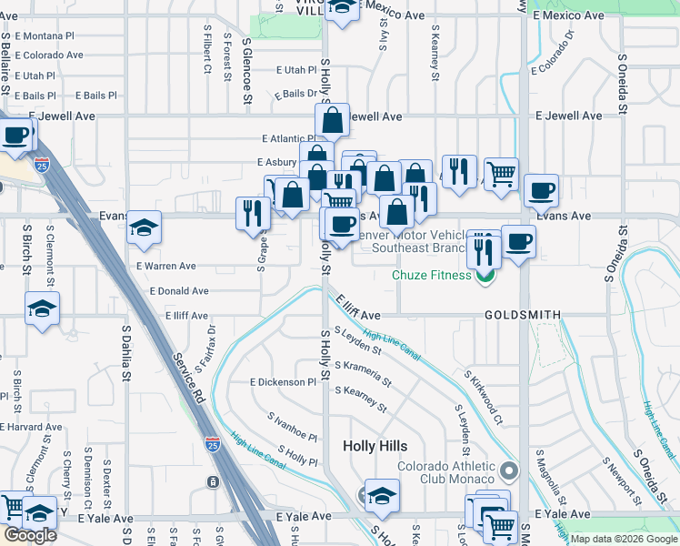 map of restaurants, bars, coffee shops, grocery stores, and more near 2190 South Holly Street in Denver