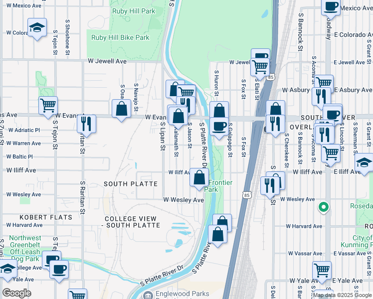 map of restaurants, bars, coffee shops, grocery stores, and more near 2209 South Jason Street in Denver
