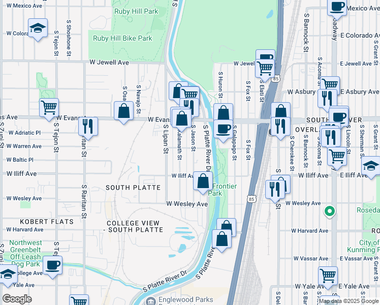 map of restaurants, bars, coffee shops, grocery stores, and more near 2209 South Jason Street in Denver