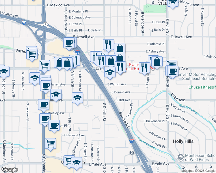 map of restaurants, bars, coffee shops, grocery stores, and more near 2200 Valley Highway in Denver