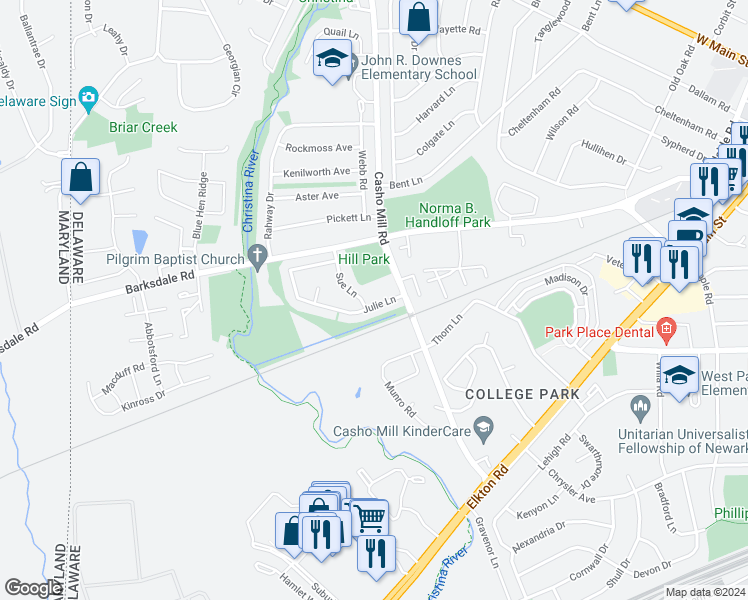 map of restaurants, bars, coffee shops, grocery stores, and more near 9 Julie Lane in Newark