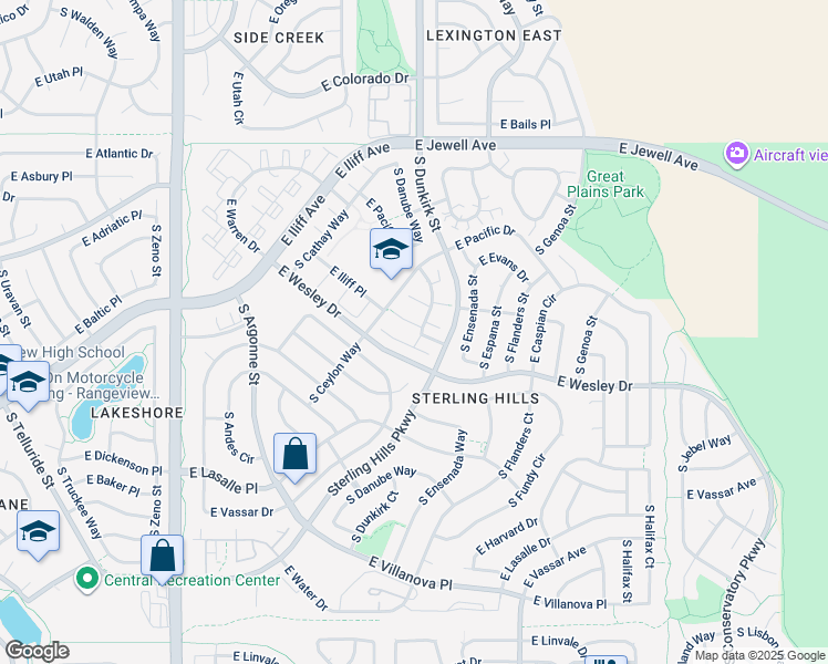 map of restaurants, bars, coffee shops, grocery stores, and more near 19256 East Baltic Place in Aurora