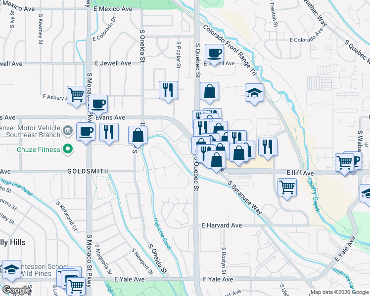 map of restaurants, bars, coffee shops, grocery stores, and more near in Four Square Mile