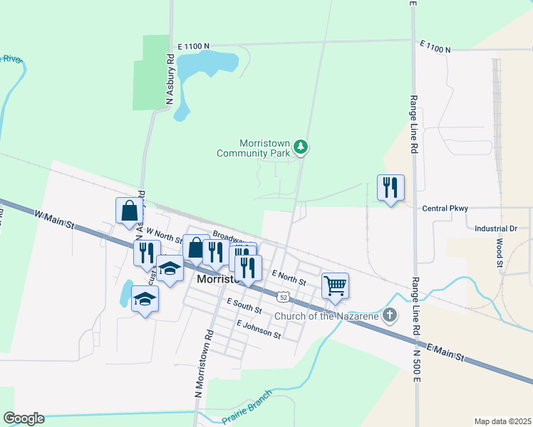 map of restaurants, bars, coffee shops, grocery stores, and more near 357 North Morrison Street in Morristown