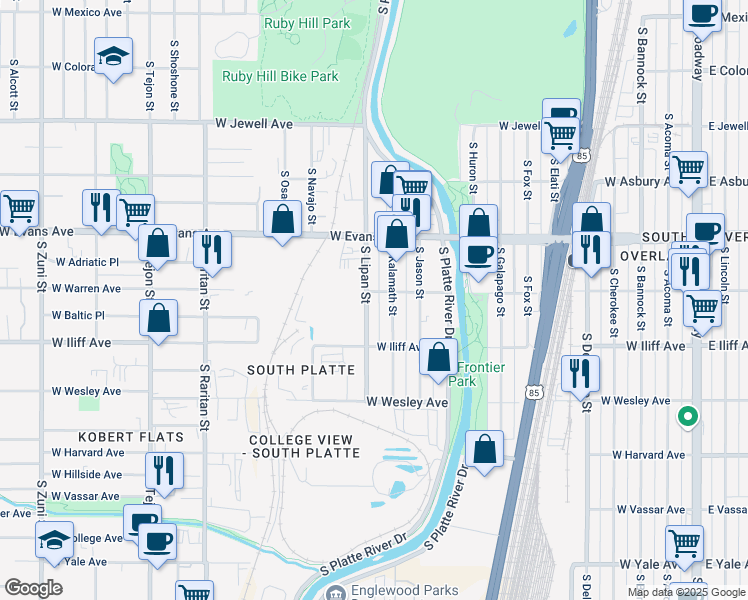 map of restaurants, bars, coffee shops, grocery stores, and more near 2200 South Lipan Street in Denver