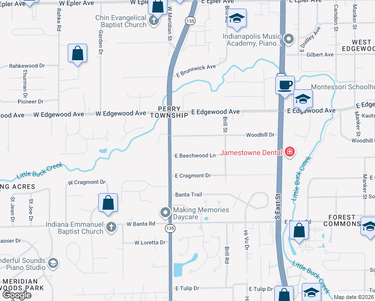 map of restaurants, bars, coffee shops, grocery stores, and more near 44 East Beechwood Lane in Indianapolis