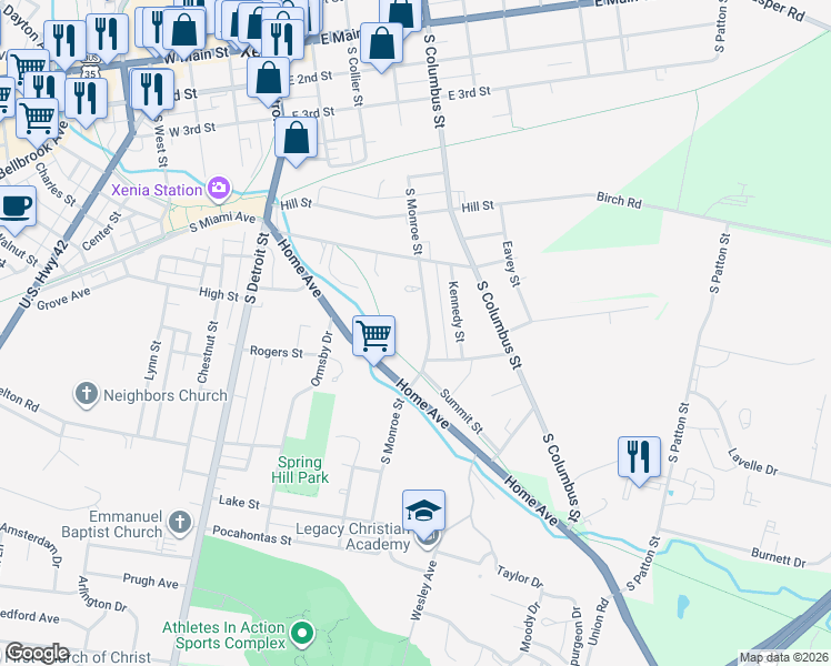 map of restaurants, bars, coffee shops, grocery stores, and more near 660 South Monroe Street in Xenia