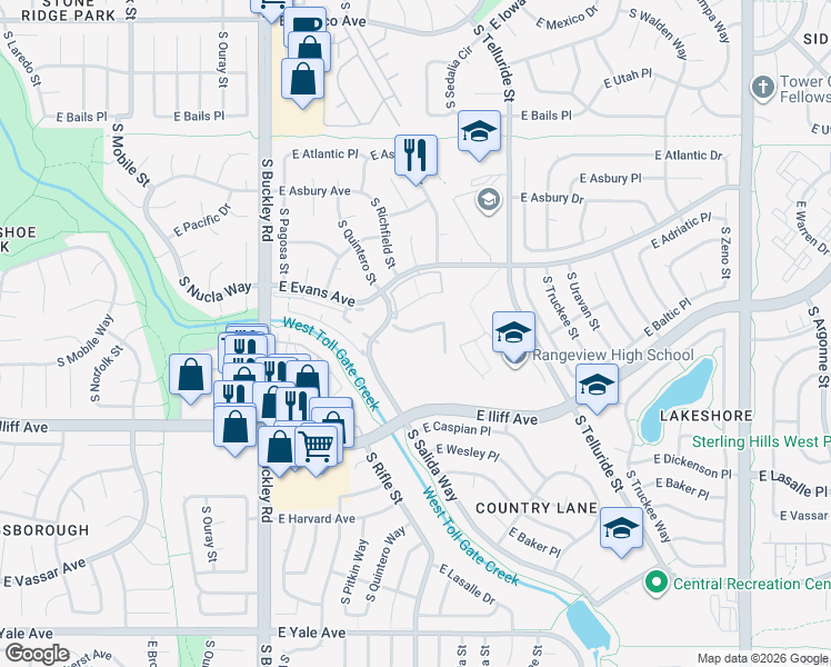 map of restaurants, bars, coffee shops, grocery stores, and more near 17327 East Adriatic Place in Aurora