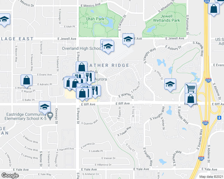 map of restaurants, bars, coffee shops, grocery stores, and more near 12420 East Pacific Circle in Aurora