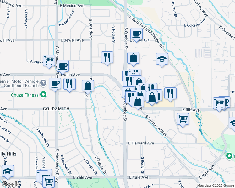 map of restaurants, bars, coffee shops, grocery stores, and more near 7200 East Evans Avenue in Denver