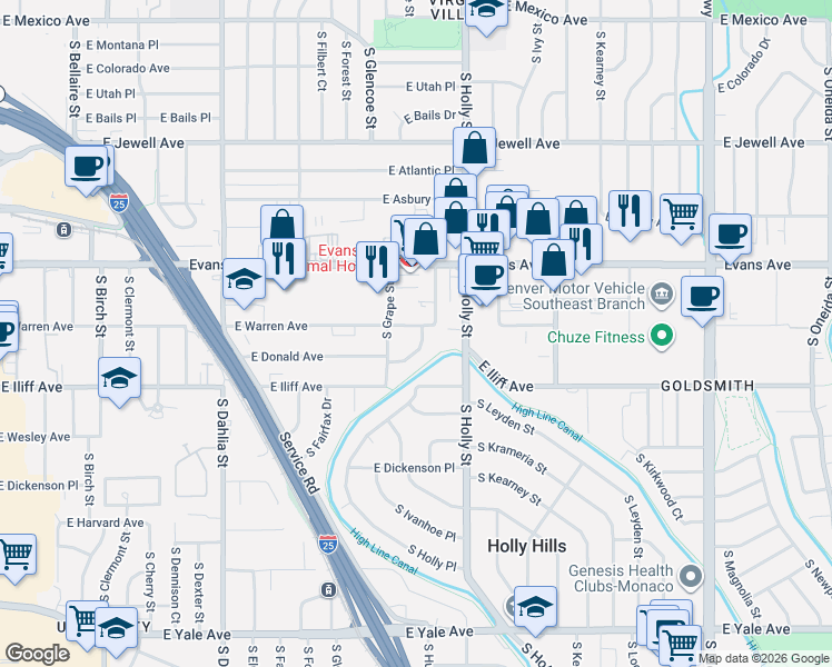map of restaurants, bars, coffee shops, grocery stores, and more near 5470 Conley Way in Denver
