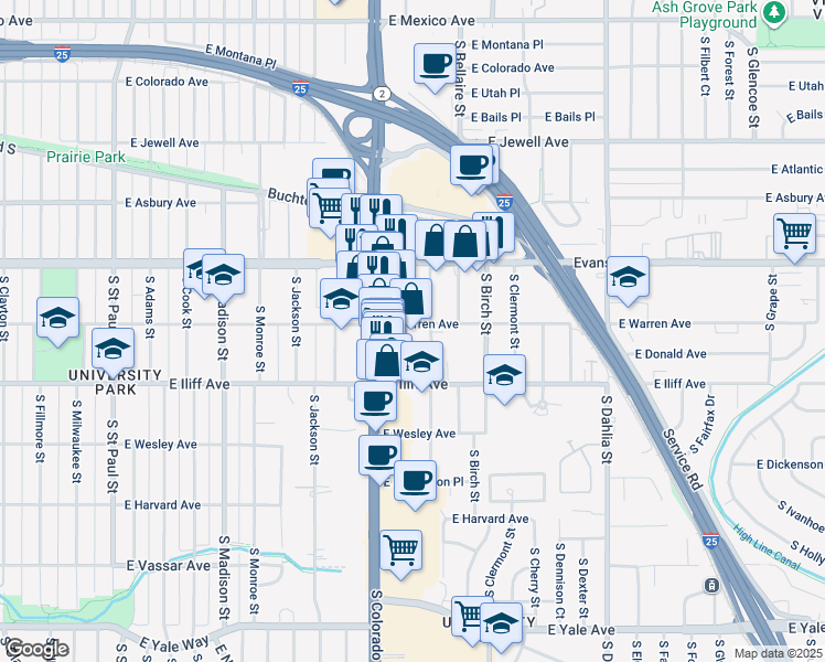 map of restaurants, bars, coffee shops, grocery stores, and more near 4120 East Warren Avenue in Denver