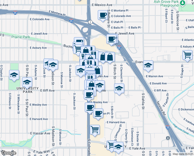 map of restaurants, bars, coffee shops, grocery stores, and more near 4030 East Warren Avenue in Denver
