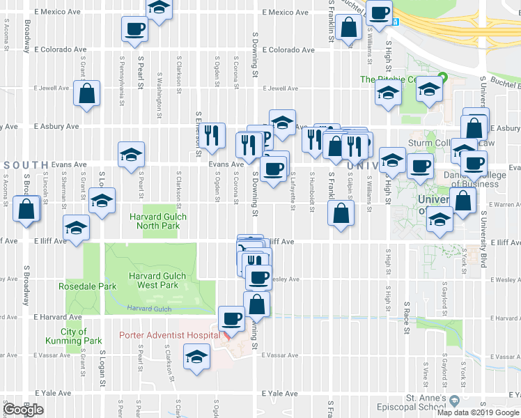 map of restaurants, bars, coffee shops, grocery stores, and more near 2200 South Downing Street in Denver