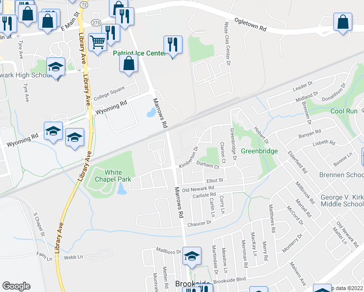 map of restaurants, bars, coffee shops, grocery stores, and more near 13 Kimberton Drive in Newark