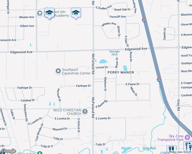 map of restaurants, bars, coffee shops, grocery stores, and more near 6115 McFarland Road in Indianapolis