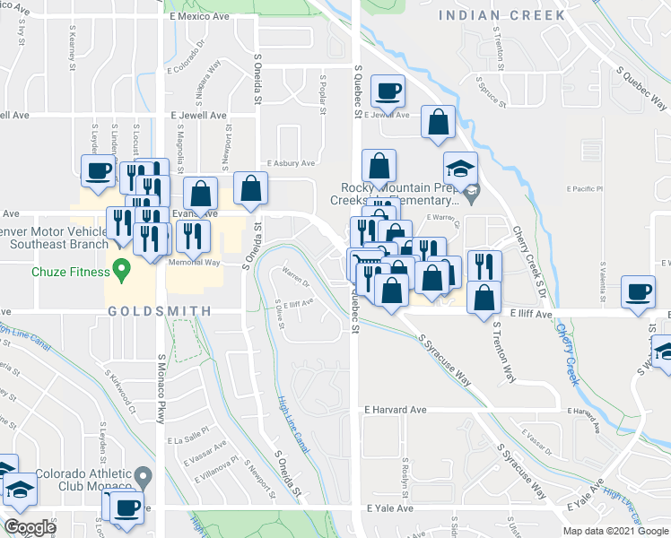 map of restaurants, bars, coffee shops, grocery stores, and more near in Four Square Mile