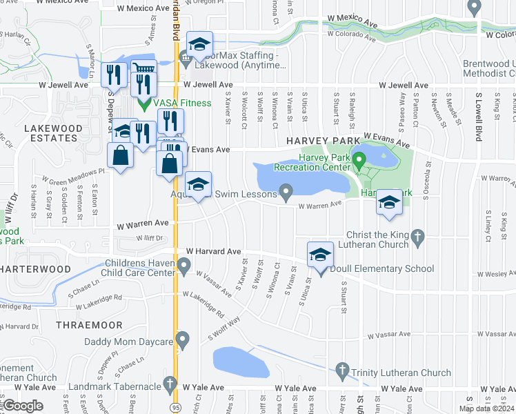 map of restaurants, bars, coffee shops, grocery stores, and more near 4800 West Warren Avenue in Denver