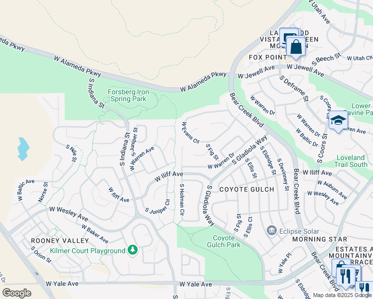 map of restaurants, bars, coffee shops, grocery stores, and more near 2282 South Holman Circle in Lakewood