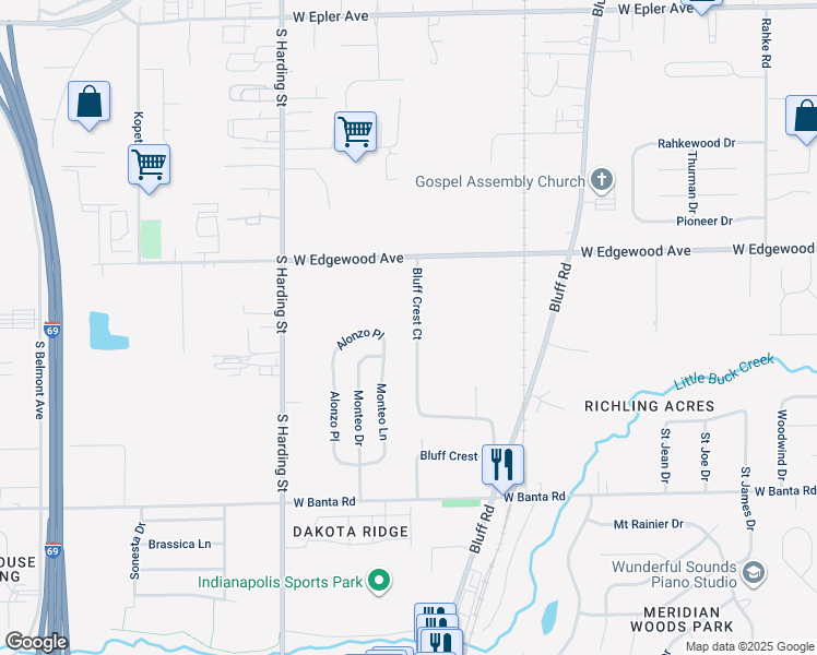 map of restaurants, bars, coffee shops, grocery stores, and more near 6108 Bluff Crest Ct in Indianapolis