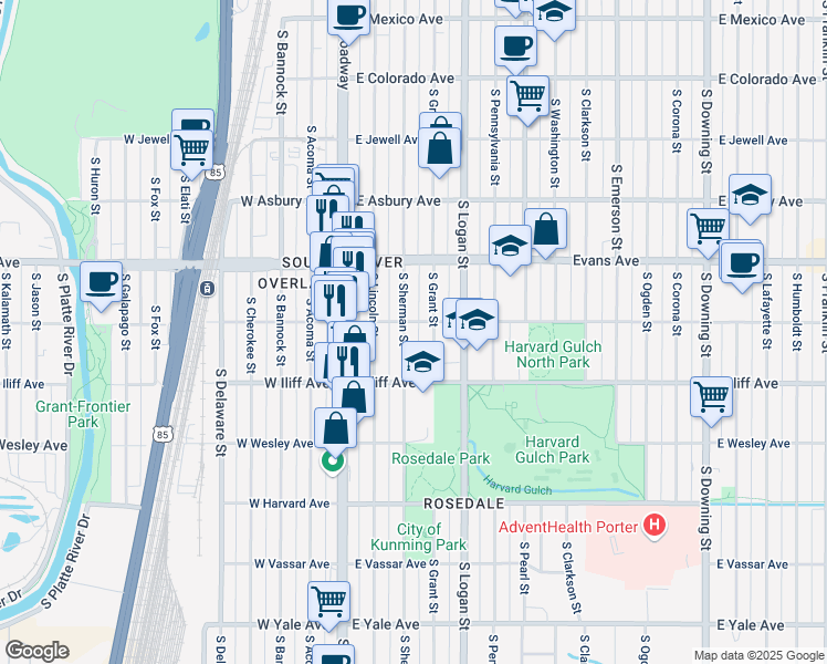 map of restaurants, bars, coffee shops, grocery stores, and more near 2210 South Sherman Street in Denver