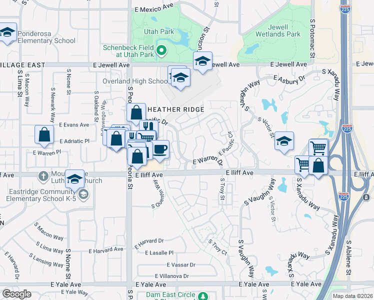 map of restaurants, bars, coffee shops, grocery stores, and more near 12420 East Pacific Circle in Aurora