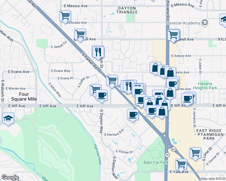 map of restaurants, bars, coffee shops, grocery stores, and more near 2224-2274 South Emporia Street in Denver