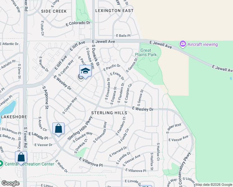 map of restaurants, bars, coffee shops, grocery stores, and more near 2248 South Espana Street in Aurora