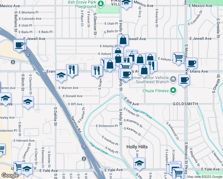 map of restaurants, bars, coffee shops, grocery stores, and more near 5470 Conley Way in Denver