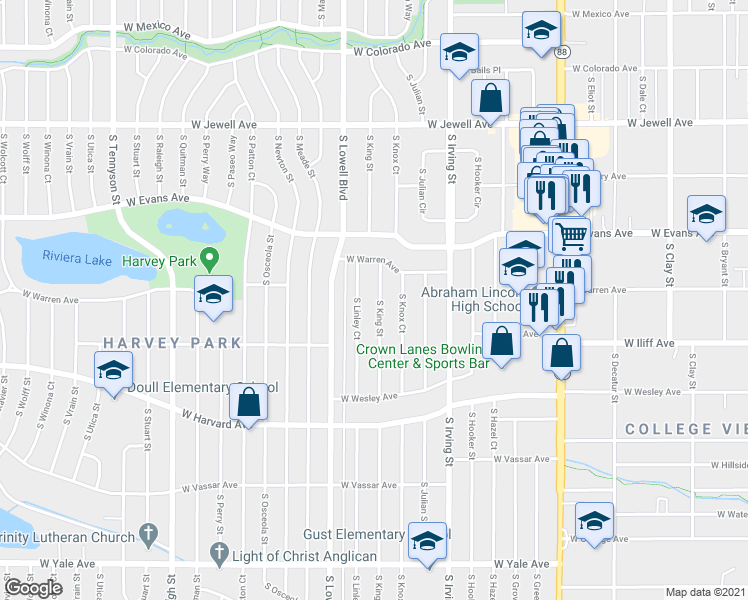 map of restaurants, bars, coffee shops, grocery stores, and more near 2245 South King Street in Denver