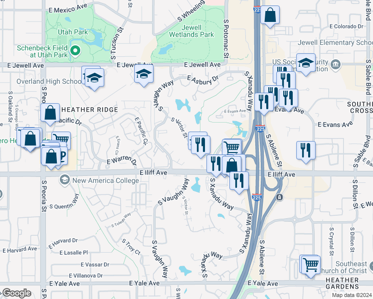 map of restaurants, bars, coffee shops, grocery stores, and more near 2191 South Victor Street in Aurora