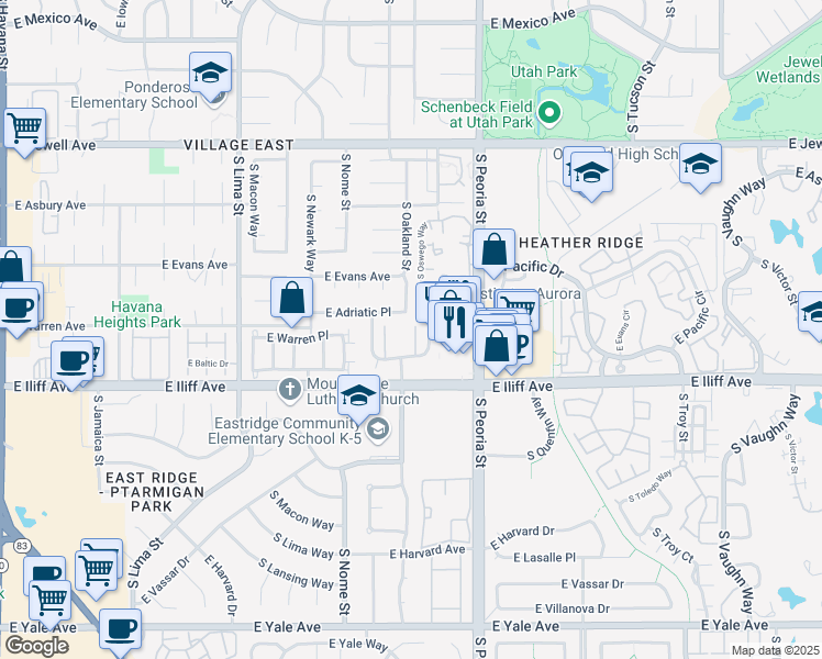 map of restaurants, bars, coffee shops, grocery stores, and more near 2297 South Oswego Way in Aurora