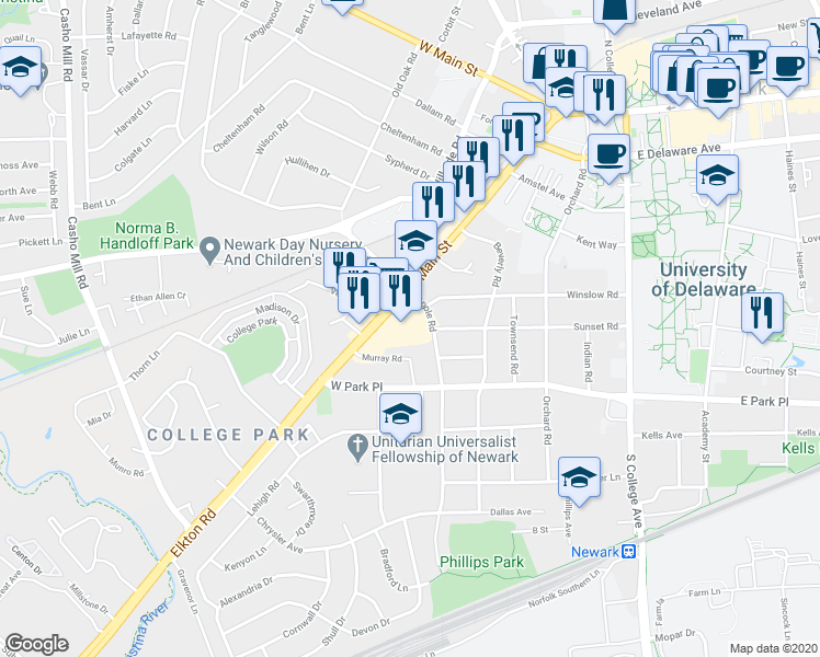 map of restaurants, bars, coffee shops, grocery stores, and more near 245 South Main Street in Newark