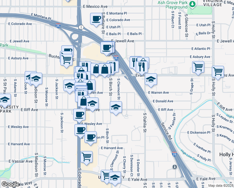 map of restaurants, bars, coffee shops, grocery stores, and more near 2205 South Clermont Street in Denver