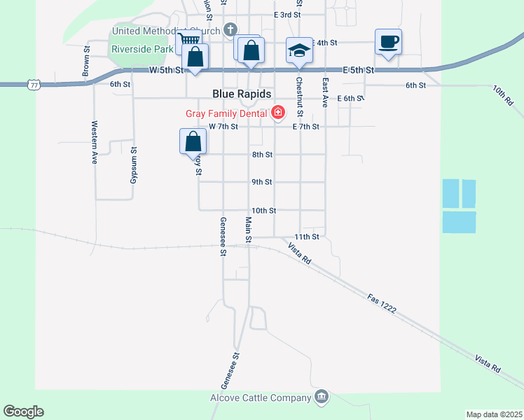 map of restaurants, bars, coffee shops, grocery stores, and more near 10th Street in Blue Rapids