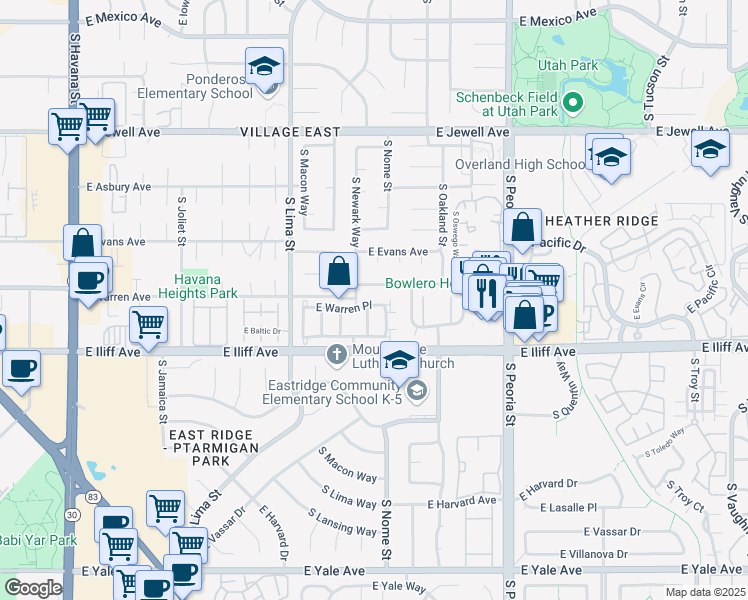 map of restaurants, bars, coffee shops, grocery stores, and more near 11649 East Warren Place in Aurora