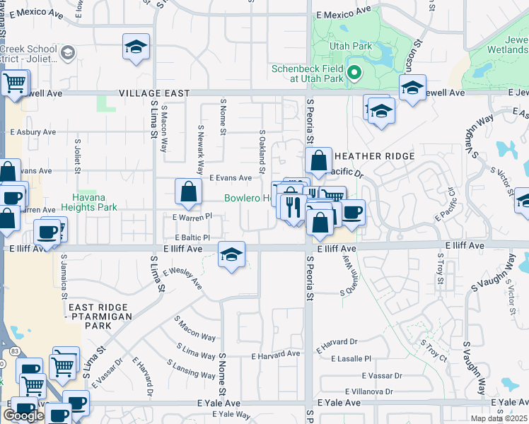 map of restaurants, bars, coffee shops, grocery stores, and more near 2297 South Oswego Way in Aurora