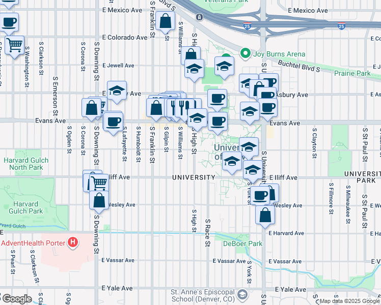 map of restaurants, bars, coffee shops, grocery stores, and more near 2201 South High Street in Denver