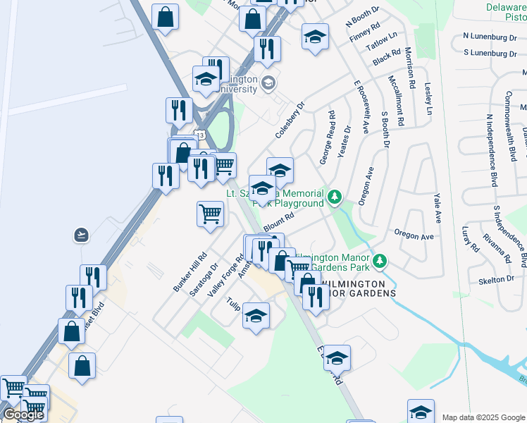 map of restaurants, bars, coffee shops, grocery stores, and more near 314 East Basin Road in Wilmington Manor